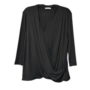 MM. LaFleur Deneuve Faux-Wrap Top Black Draped V-Neck Blouse Size XL